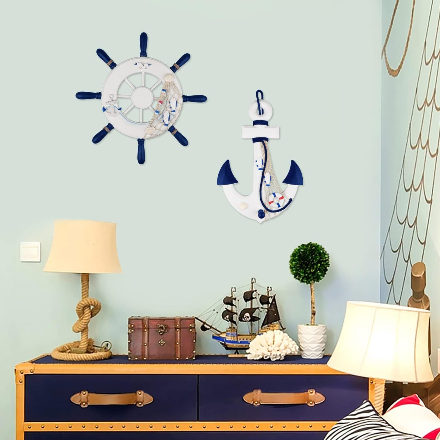 2 Pack 13" Nautical Beach Wooden Ship Wheel and 13" Wood Anchor with Rope Nautical Boat Steering Wheel Rudder Anchor Wall Decor Door Hanging Ornaments Beach Theme Home Wall Decoration