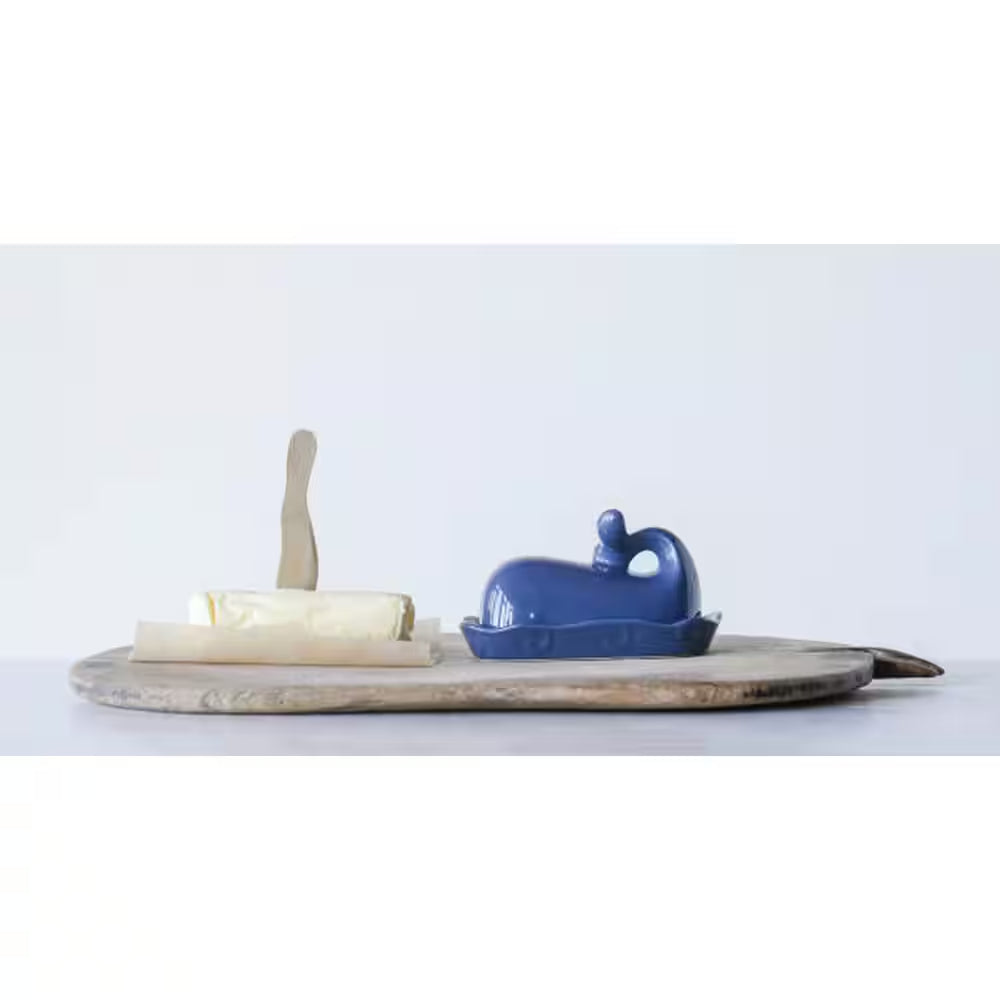 6 Oz. Coastal Stoneware Whale Shaped Butter Dish in Navy Blue