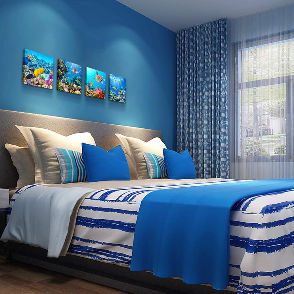 Bathroom Wall Decor Canvas Wall Art for Living Room Office Decor Modern Bedroom Home Decor 4 Panels Stretched and Framed Ready to Hang Blue Ocean Theme Sea Fish and Sea Turtles Undersea World Draw