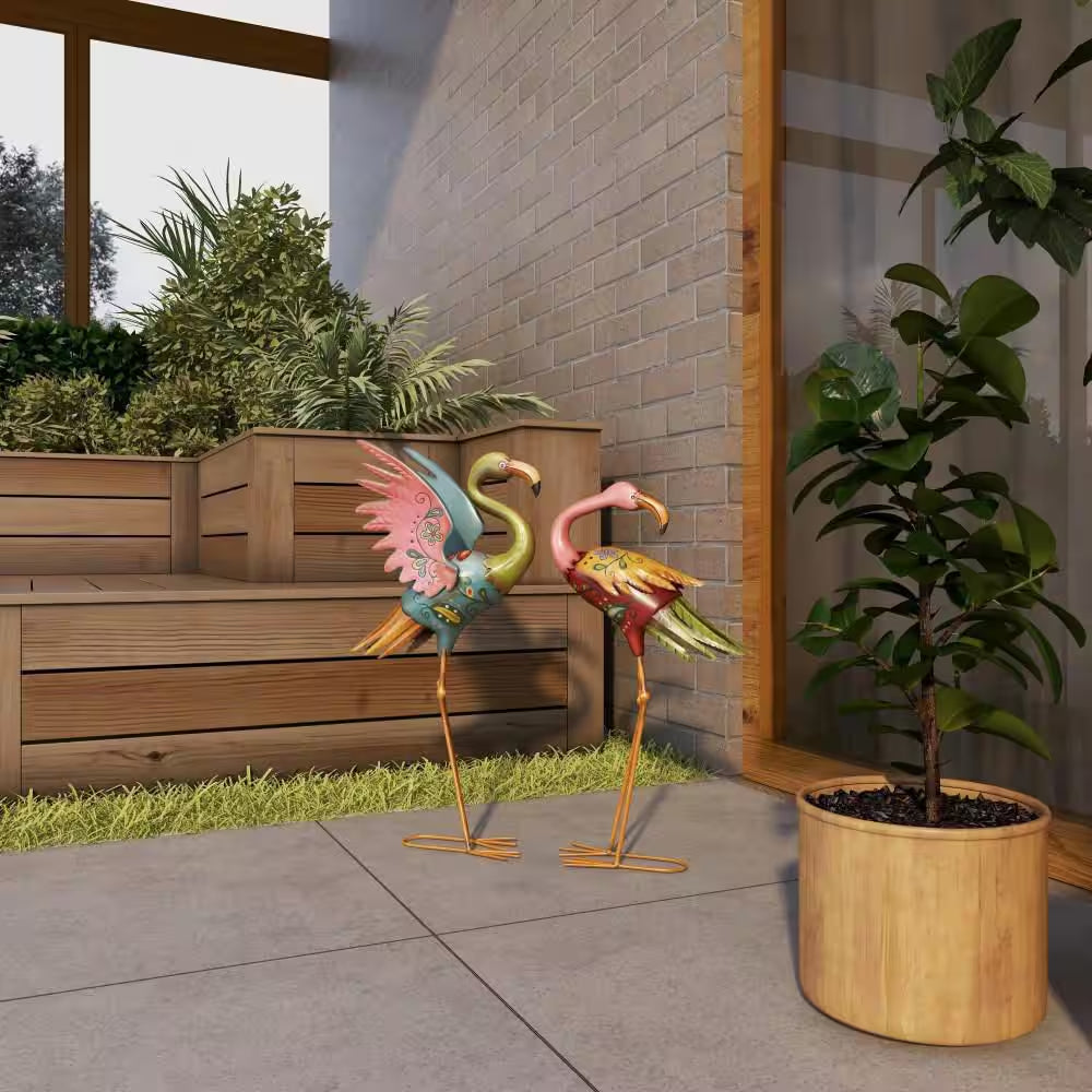 28 In. Large Metal Indoor Outdoor Embossed Standing Flamingo Garden Sculpture with Coiled U Shaped Feet (2- Pack)