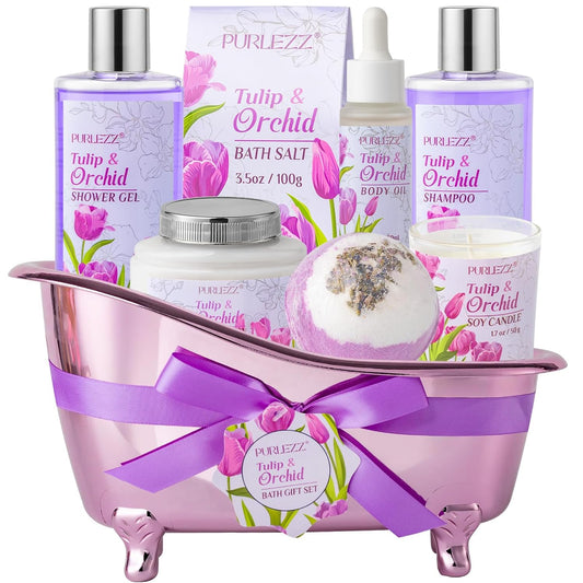Tulip & Orchid Mother'S Day Gifts for Women, Bath and Body Gift Basket, Spa Gift Basket, Spa Kit, Self-Care Set, Spa Kit for Women Gift Set, Birthday, Christmas, Mom Gift, Anniversary, Bath Gift Set