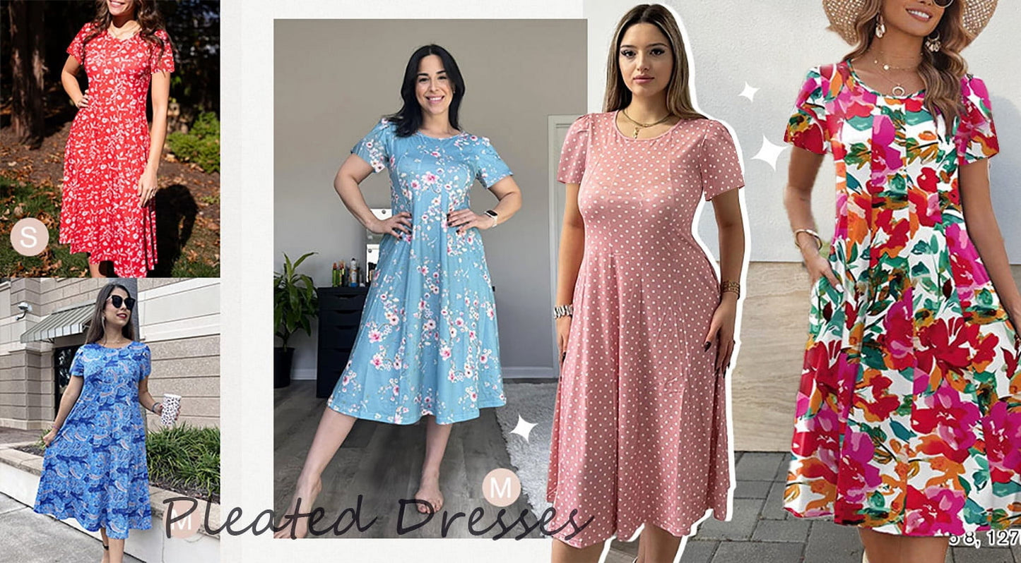 Summer Dresses for Women Casual Short Sleeve Pleated Dress Flowy Floral Dress with Pockets Flare Midi Sundress