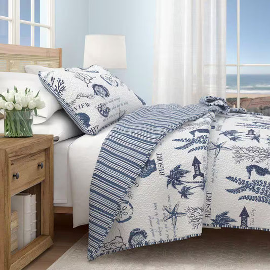 Blue Nautical Coastal Themed Twin Microrfiber 2-Piece Quilt Set Bedspread