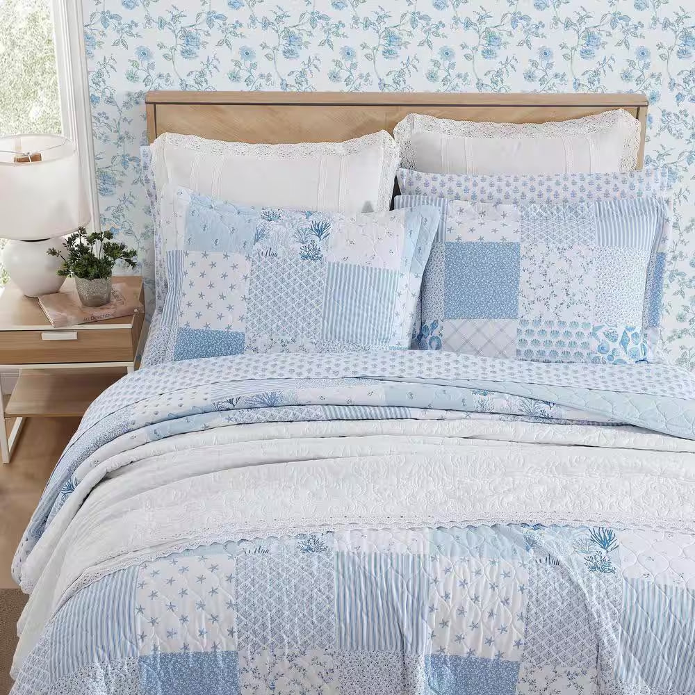 Colleen'S Coastal Patchwork 2-Piece Blue 100% Cotton Twin Quilt Set