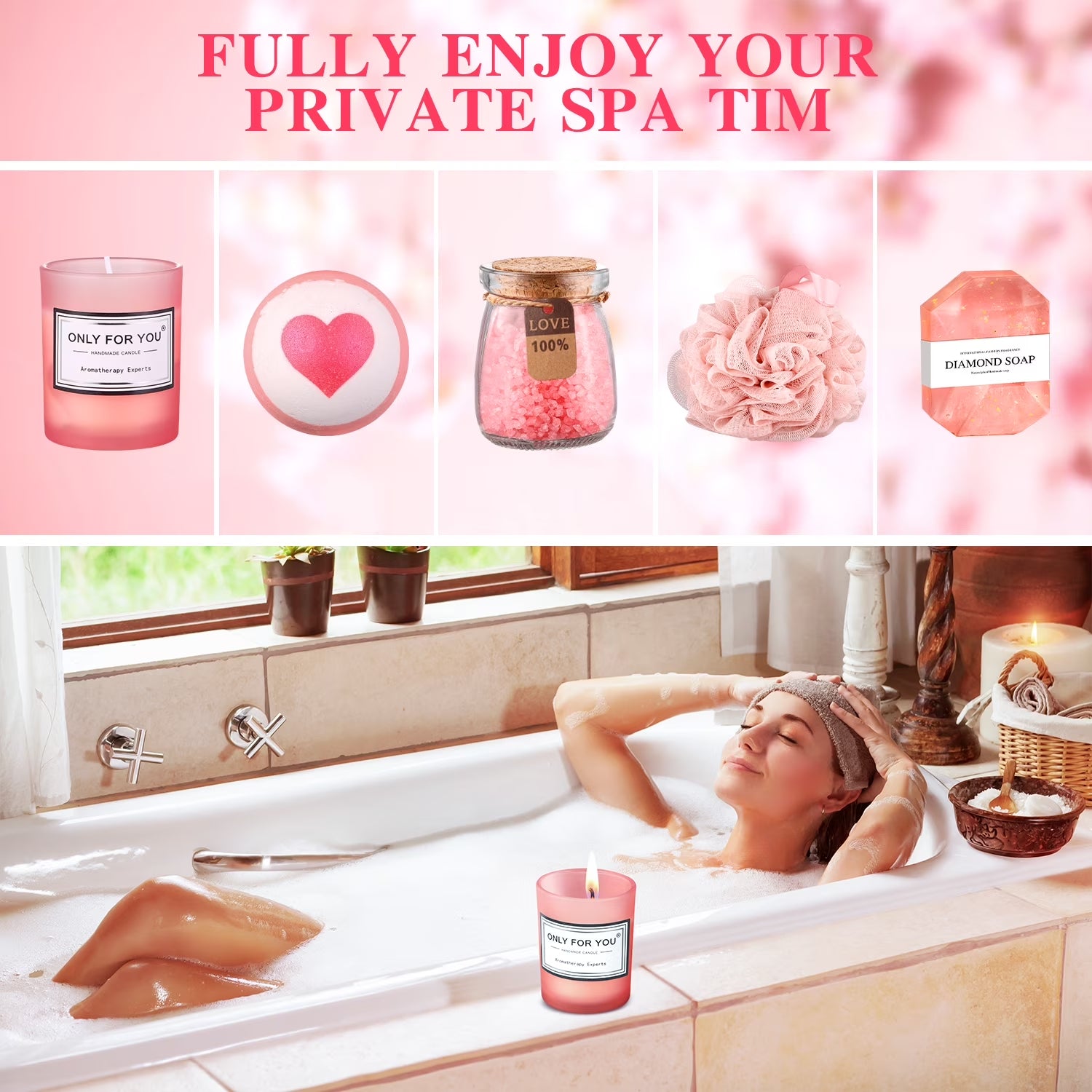 Gift Baskets for Women, 8 Pcs Rose Bath and Body Care Set, Beauty Spa Birthday Mother'S Day Gifts for Her, Pink