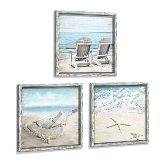 Coastal Pictures Framed Wall Artwork: Seascape Wall Decor Set of 3 Beach Chai...