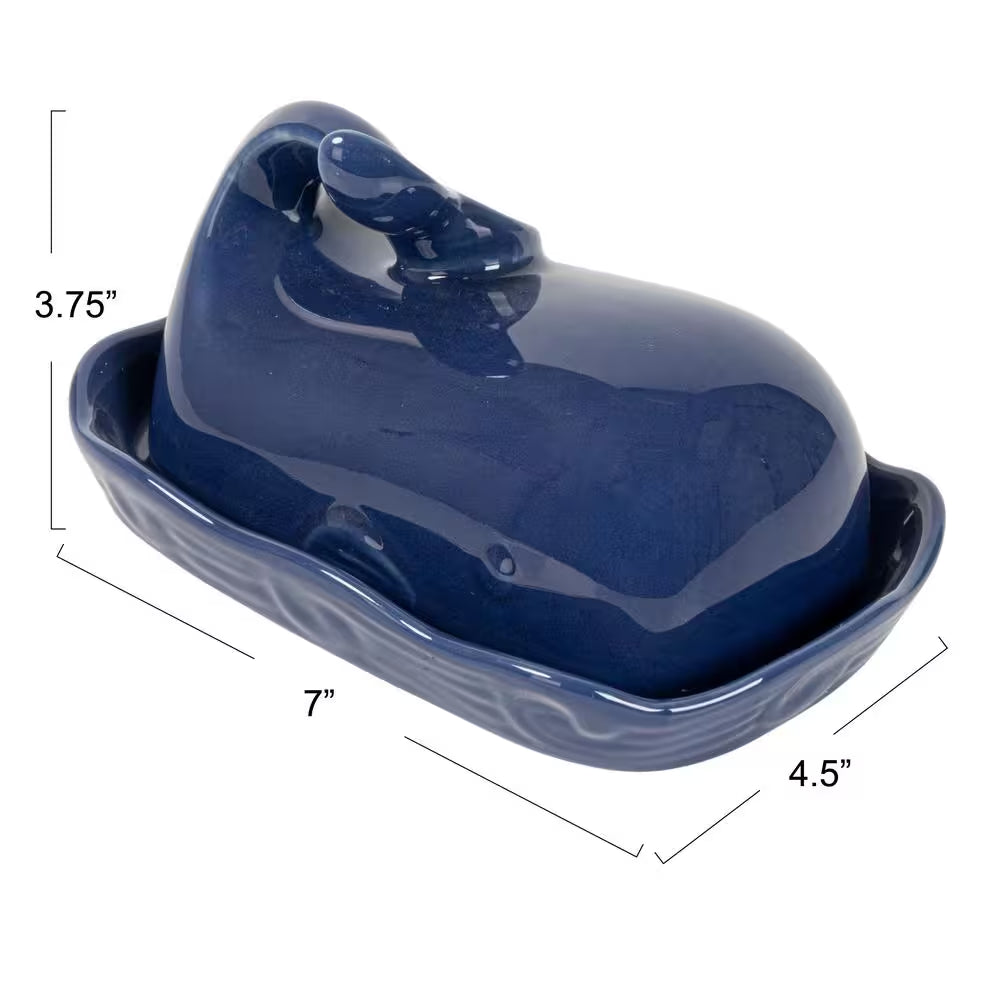 6 Oz. Coastal Stoneware Whale Shaped Butter Dish in Navy Blue
