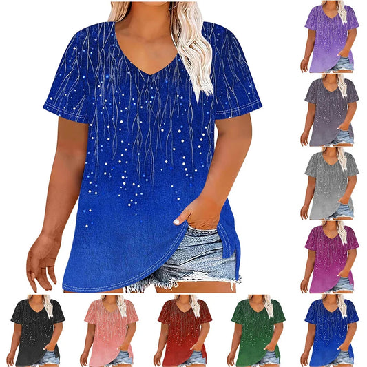 Womens plus Size Tops Short Sleeve V-Neck Loose Fit Blouses for Women Summer Fashion Gradient Print Casual Shirts Navy