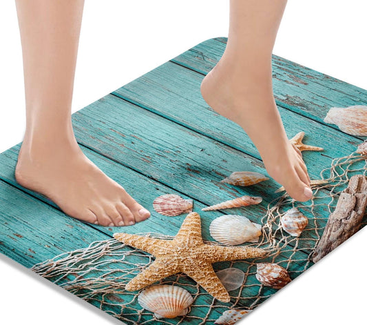 Bath Mat for Bathroom, Beach Seashells Starfish Sand Washable Cover Floor Rug Carpets Floor Mat Bathroom Decorations 16X24 Inches for Kitchen Bedroom Indoor