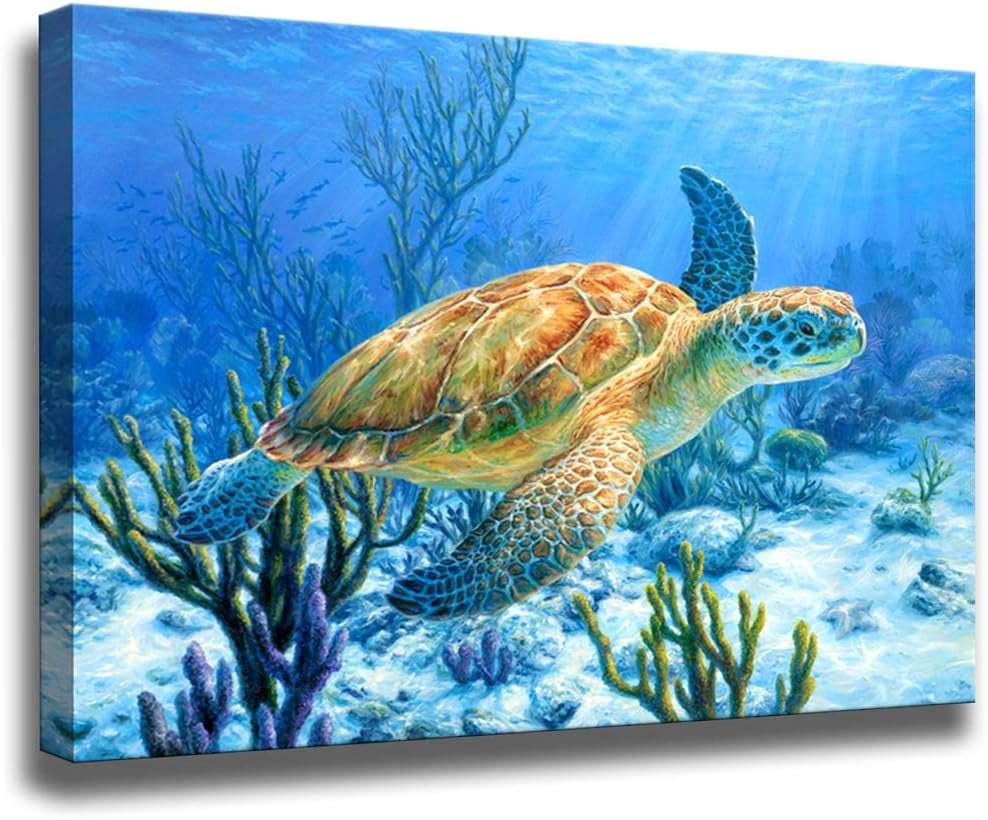 Sea Turtle Canvas Wall Art - Beach & Coastal Decor - Nautical Bathroom Wall Art - Child'S Room - Small Framed Artwork
