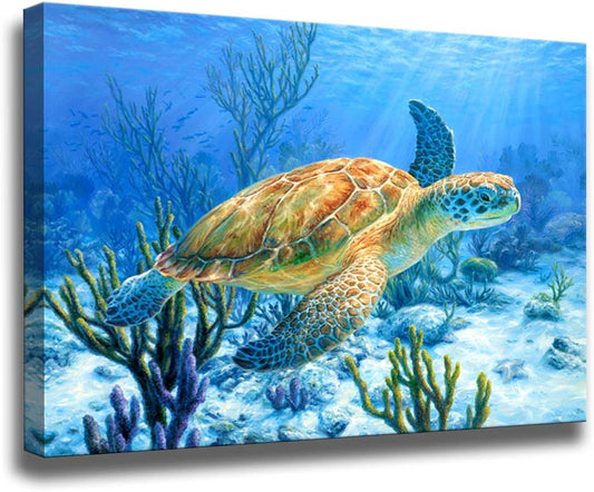 Sea Turtle Canvas Wall Art - Beach & Coastal Decor - Nautical Bathroom Wall Art - Child'S Room - Small Framed Artwork