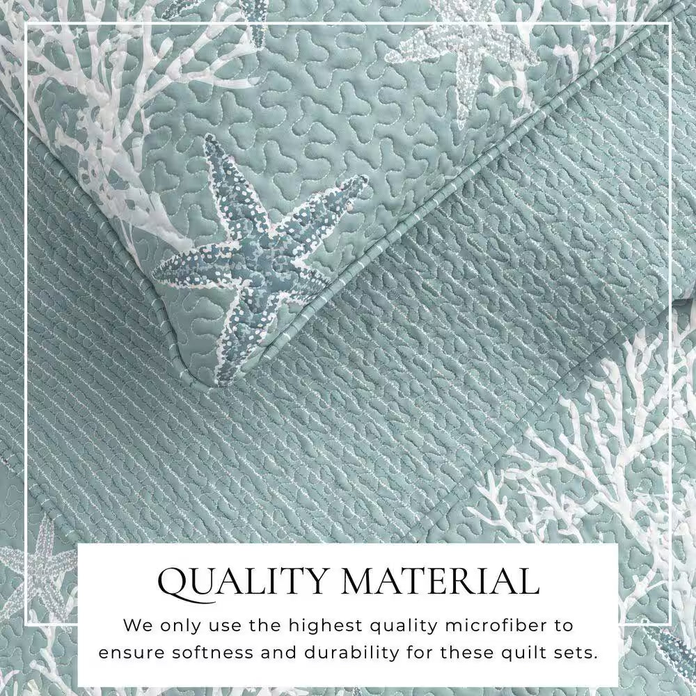 Blue Reversible Coastal Themed Twin Microfiber 2-Piece Quilt Set Bedspread