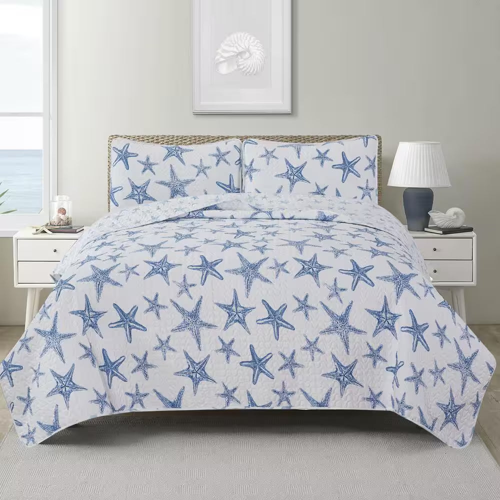 Blue Full/Queen Starfish Coastal Reversible 3-Piece Microfiber Quilt Set Bedspread