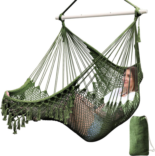 Hammock Chair Handmade Hanging Chair Cotton Rope Woven Hanging Seat Soft-Spun Large Stretch Hammock Swing, Collapsible Strong Metal Spreader Bar Elegant Macrame Comfort Indoor Outdoor Garden
