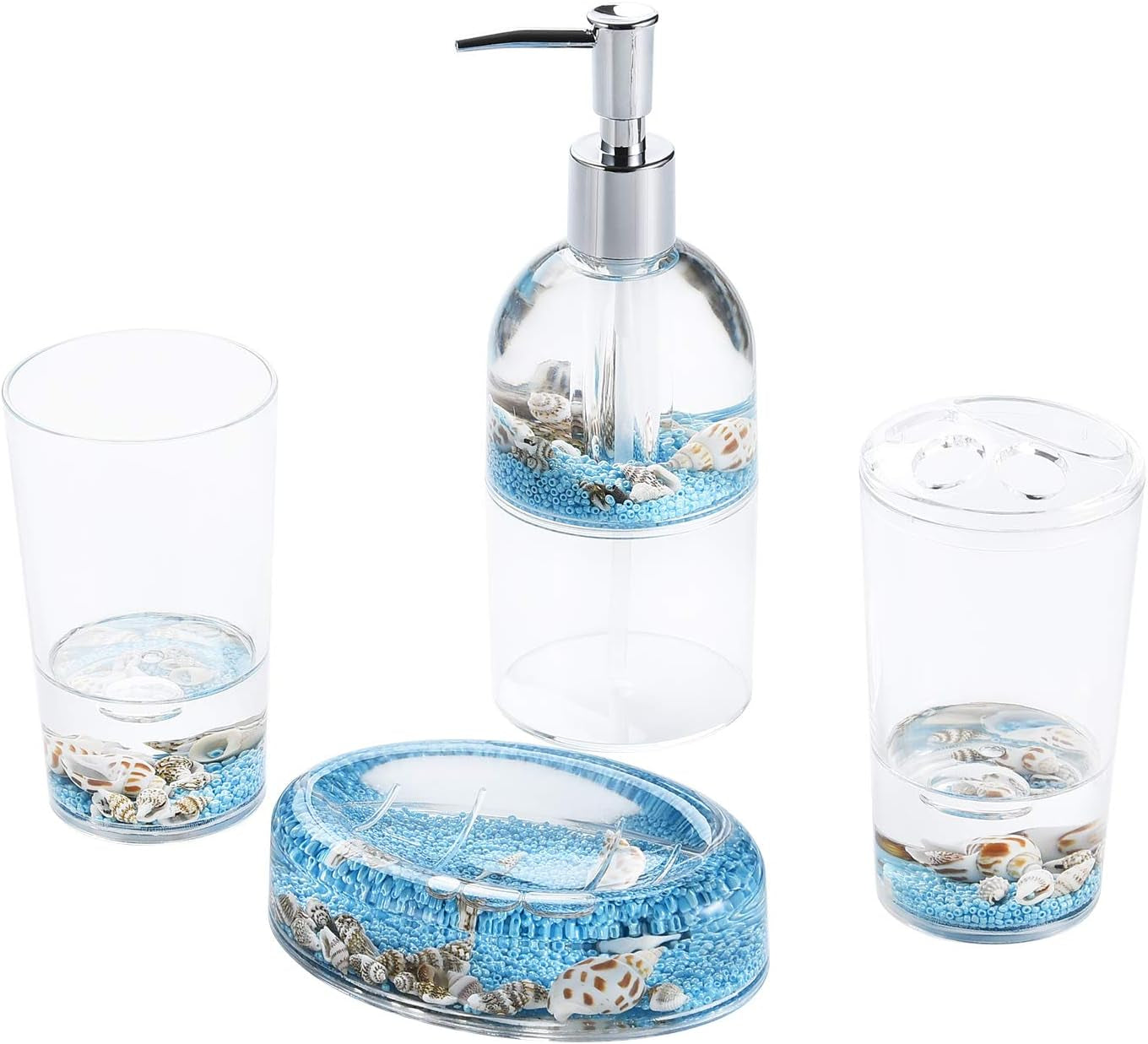 4 Piece Acrylic Liquid 3D Floating Motion Bathroom Vanity Accessory Set Oceam Theme Sea Shell Conch Toothbrush Holder, Tumbler, Soap Dispenser, Soap Dish
