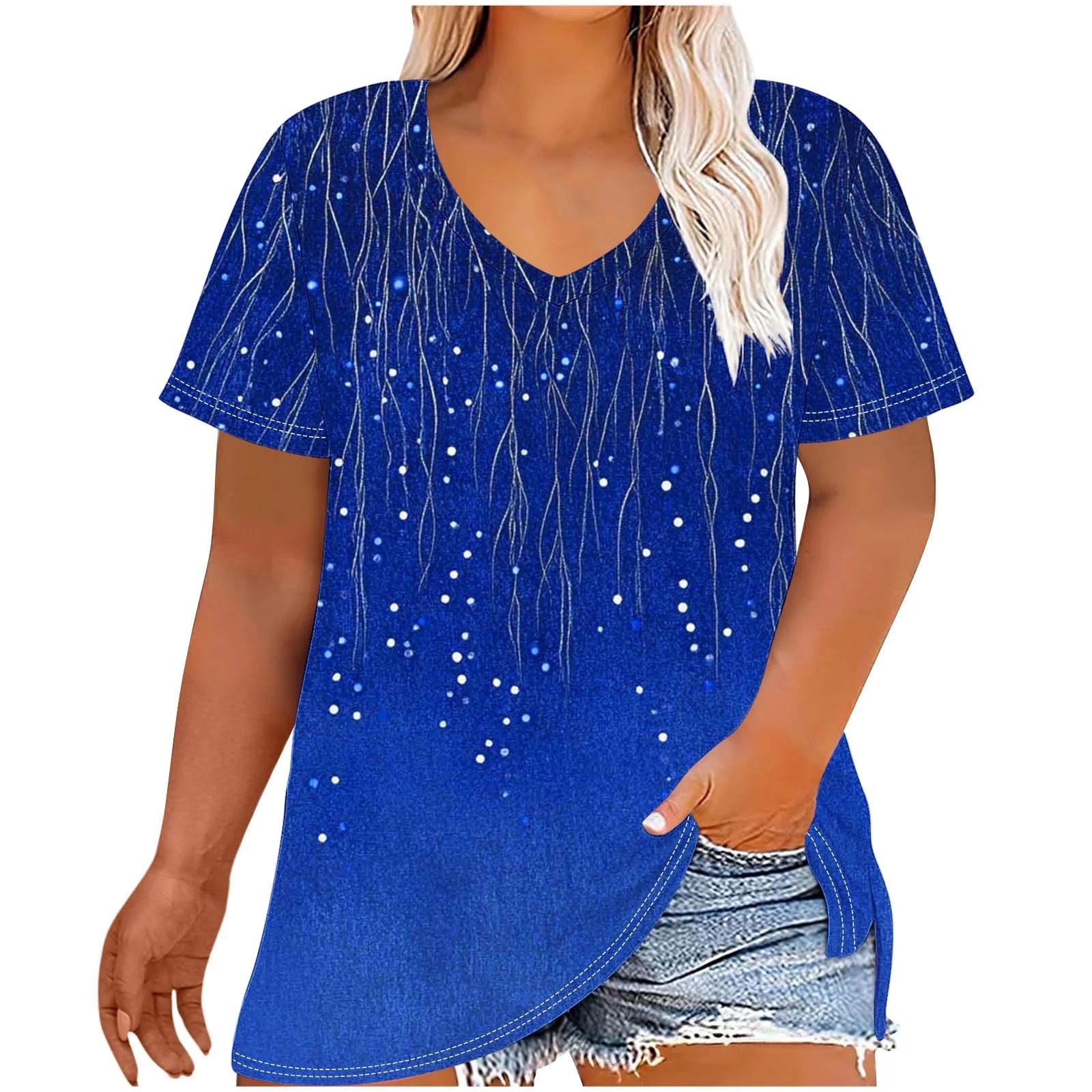 Womens plus Size Tops Short Sleeve V-Neck Loose Fit Blouses for Women Summer Fashion Gradient Print Casual Shirts Navy