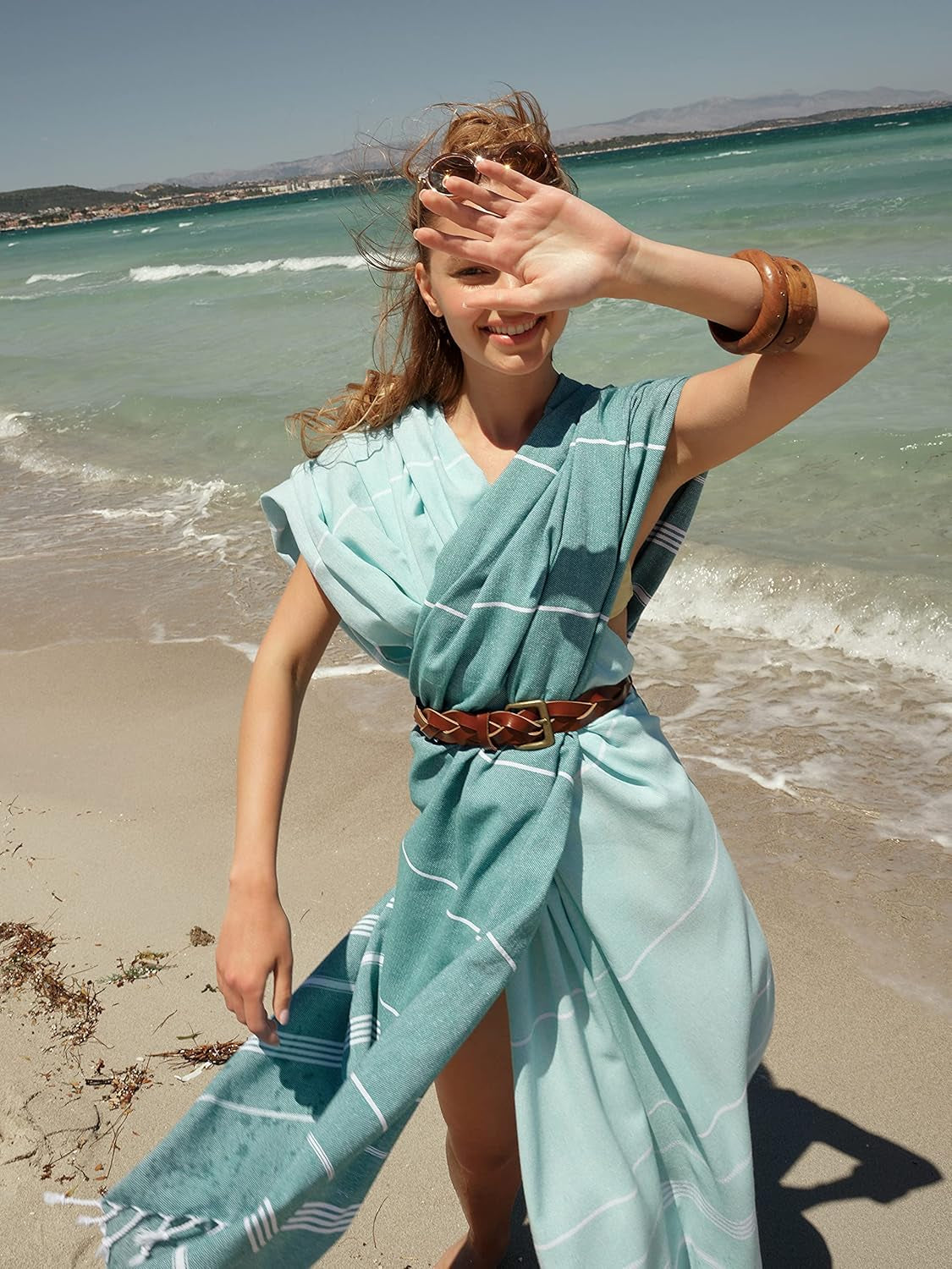 Turkish Beach Towel with Travel Bag 39 X 71 Quick Dry Sand Free Lightweight Large Oversized Towels Light - (Aqua with Blue Floral Bag)