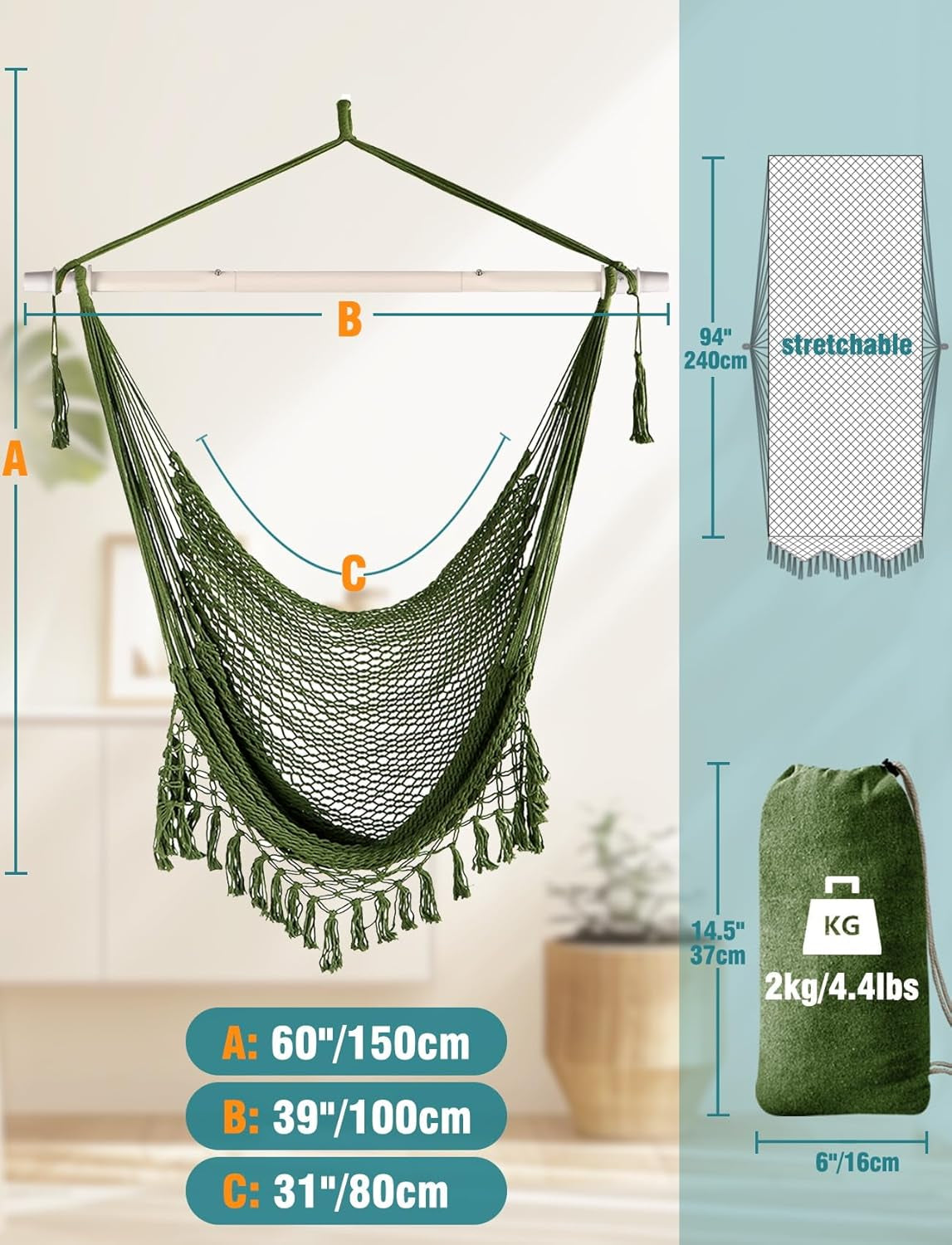 Hammock Chair Handmade Hanging Chair Cotton Rope Woven Hanging Seat Soft-Spun Large Stretch Hammock Swing, Collapsible Strong Metal Spreader Bar Elegant Macrame Comfort Indoor Outdoor Garden