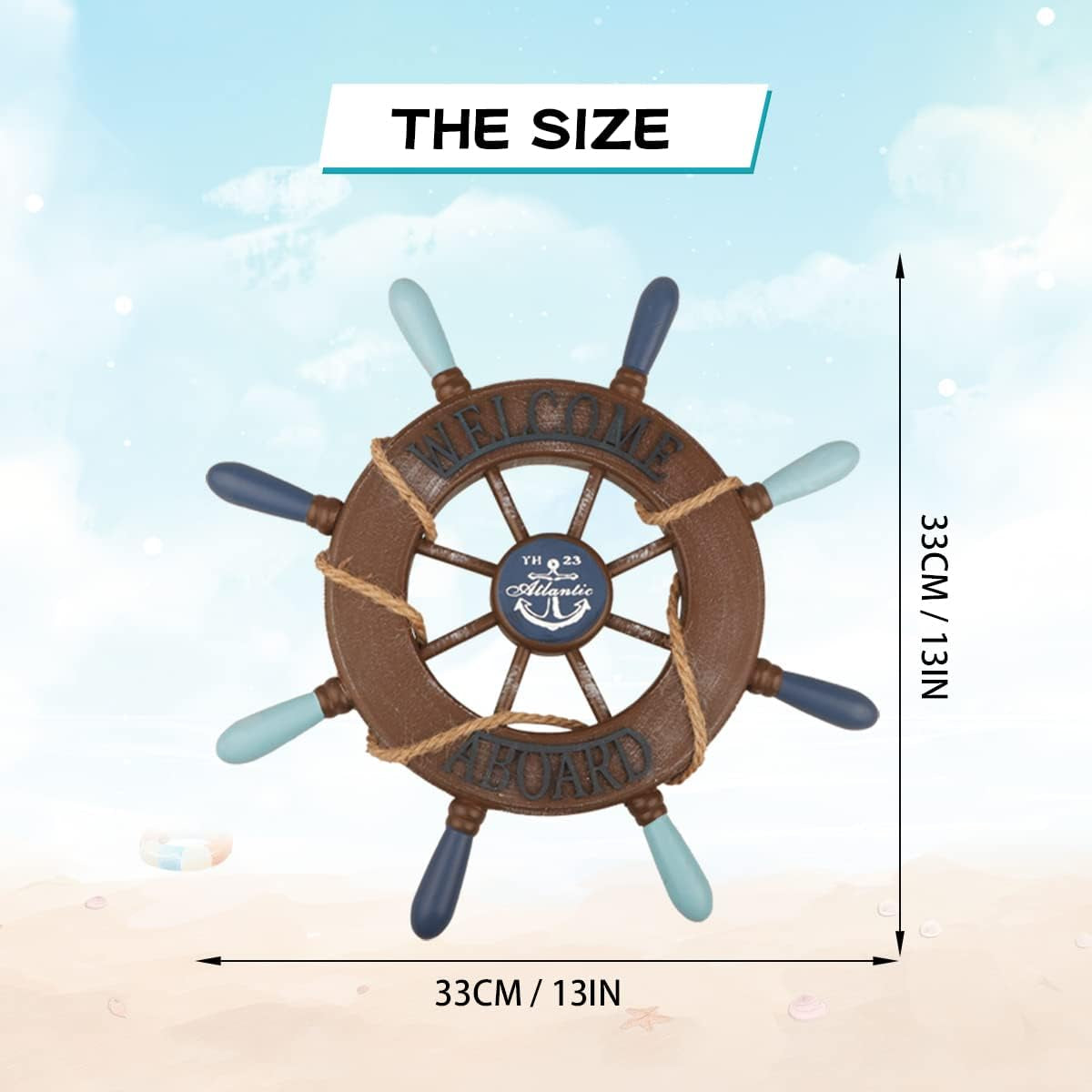 2 Pack 13" Nautical Beach Wooden Ship Wheel and 13" Wooden Anchor with Rope Nautical Boat Steering Wheel Rudder Anchor Wall Art Decor Door Hanging Ornament Beach Theme Home Decoration(Retro Brown)