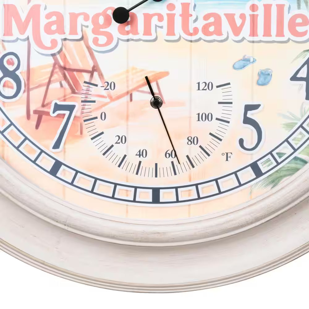 26.2 In. Indoor/Outdoor Whitewashed Margaritaville Analog Quartz Wall Clock with Temperature