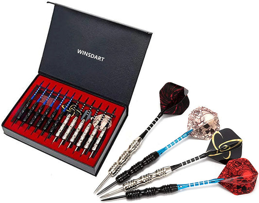 Steel Tip Darts Set 12 Pack 22 Grams with 2 Style Flights and Darts Sharpener, Gift Box