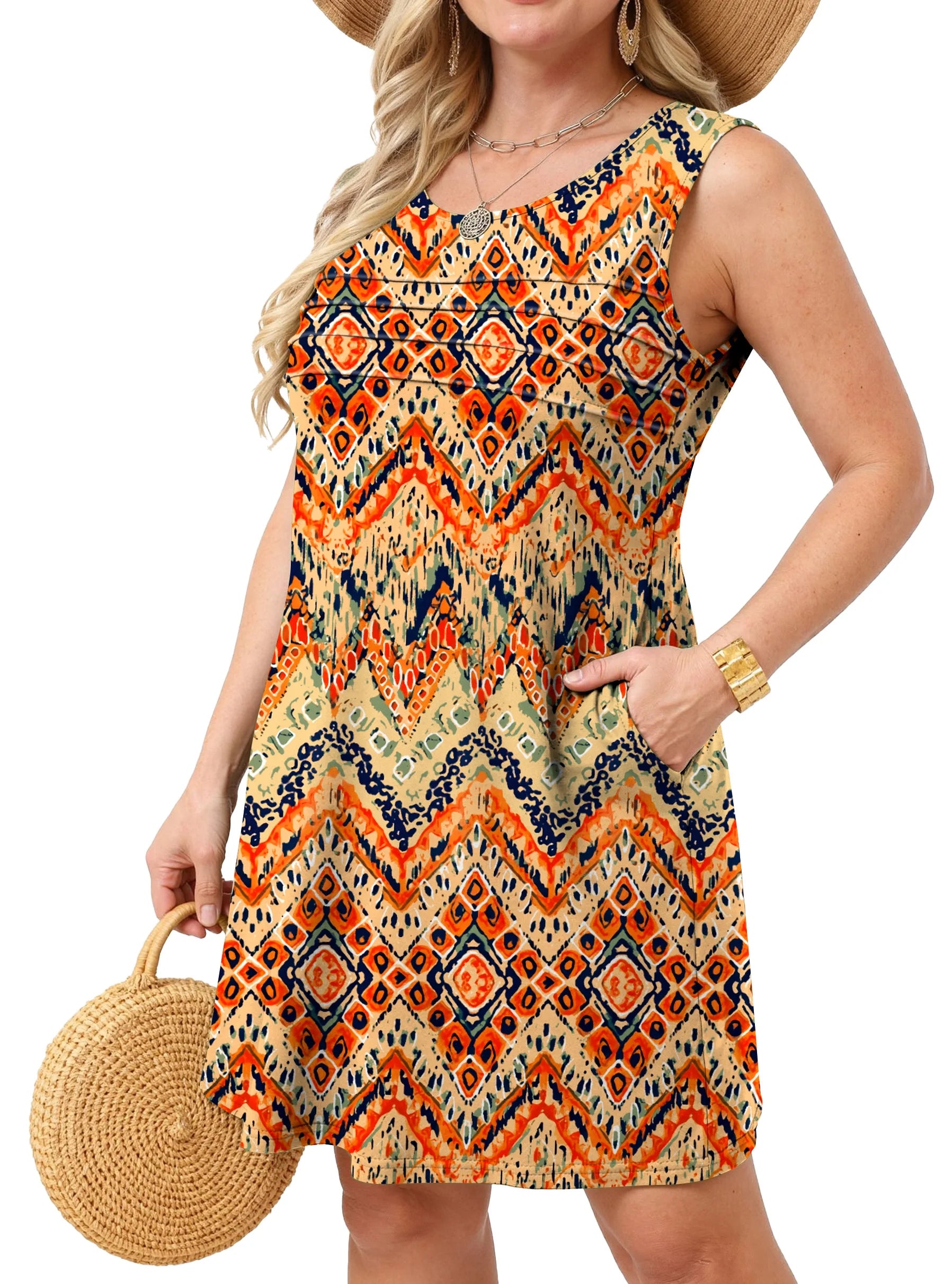 Pleated Tank Dresses for Women Fashion Summer Sleeveless Sundress Casual Beach Dress with Pockets