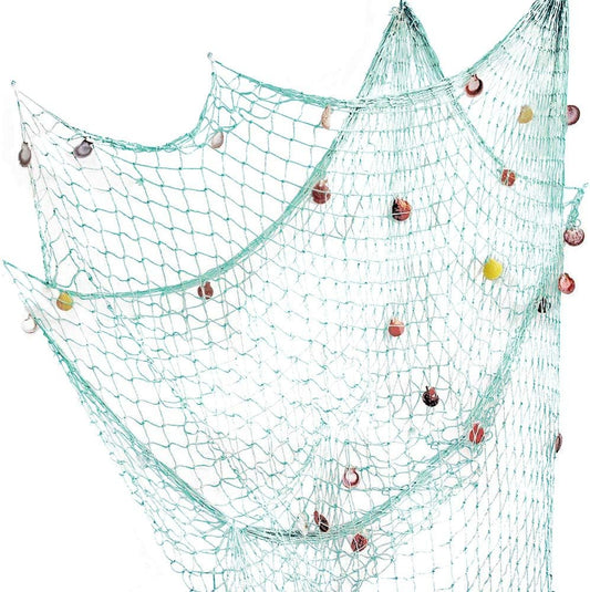 Nature Fish Net Wall Decoration with Shells, Ocean Themed Wall Hangings Fishing Net Party Decor for Pirate Party,Wedding,Photographing Decoration (Aqua)