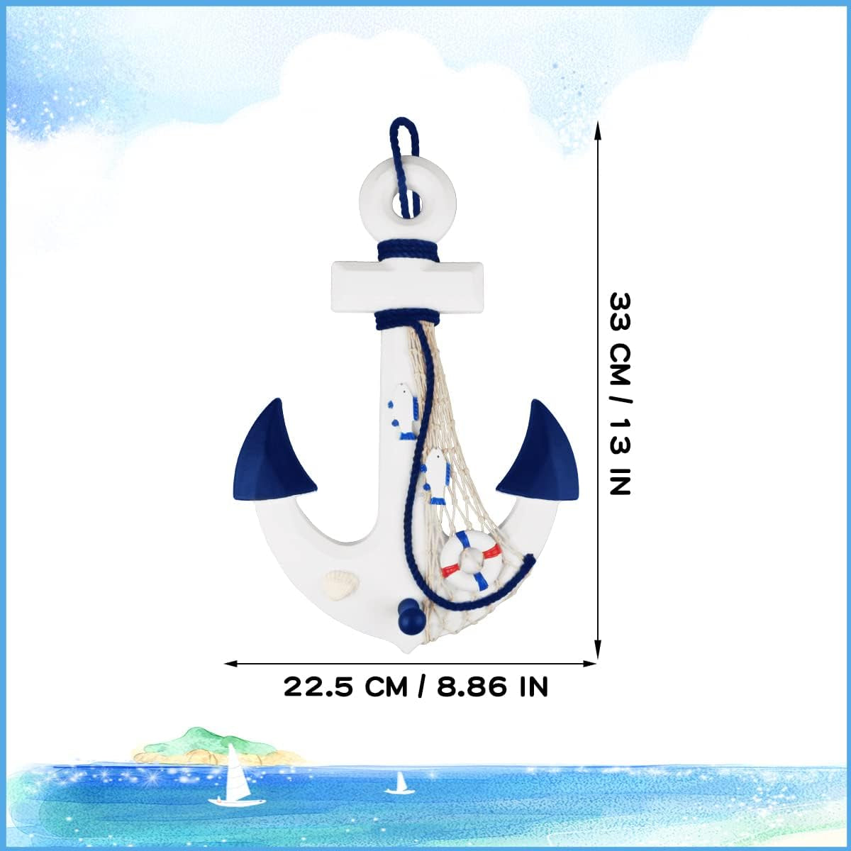 2 Pack 13" Nautical Beach Wooden Ship Wheel and 13" Wood Anchor with Rope Nautical Boat Steering Wheel Rudder Anchor Wall Decor Door Hanging Ornaments Beach Theme Home Wall Decoration