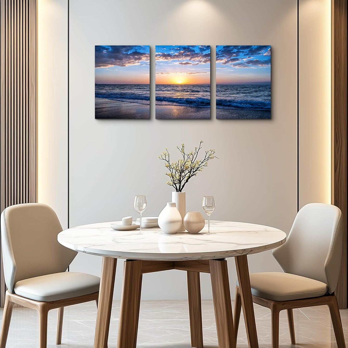 Set of 3 Wall Art Canvas Prints, Beach Sunrise Sunset Pictures Wall Decor Ocean Waves Nature Seascape Poster Coastal Landscape Painting for Living Room, Bedroom, Office Home Decor