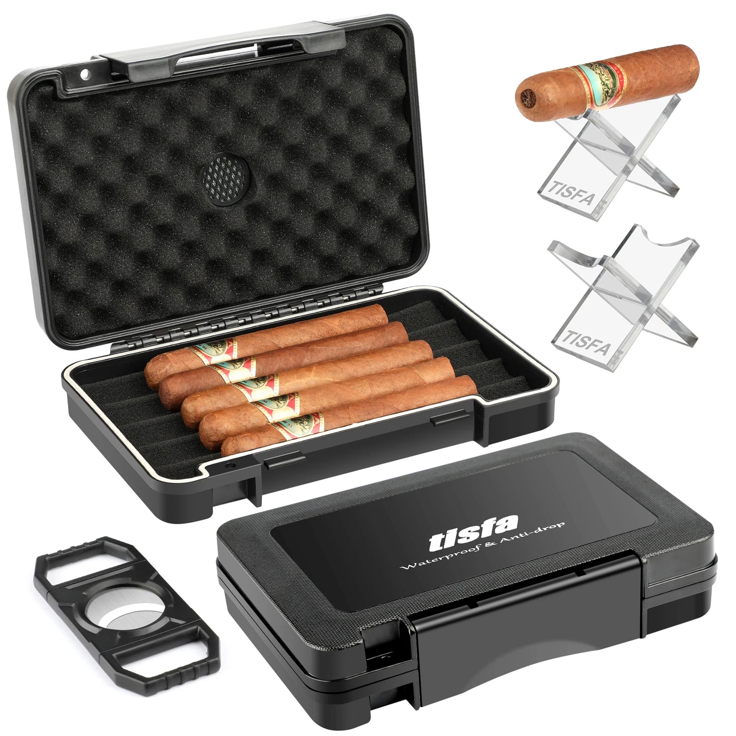 Cigar Travel Humidor Case with Cigar Cutter and Cigar Stand, Portable Cigar Humidor,Waterproof Box, Gift Set for Men