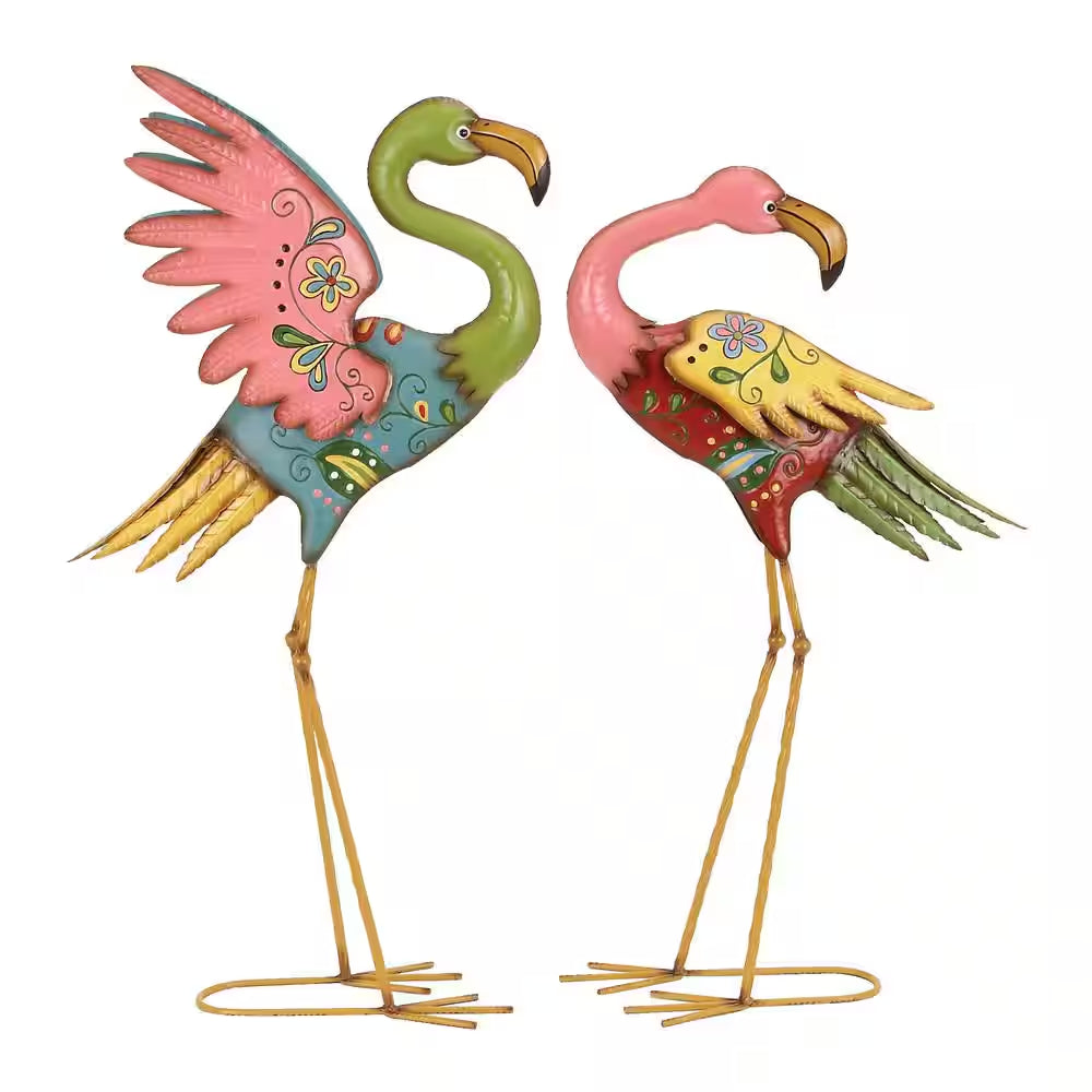 28 In. Large Metal Indoor Outdoor Embossed Standing Flamingo Garden Sculpture with Coiled U Shaped Feet (2- Pack)