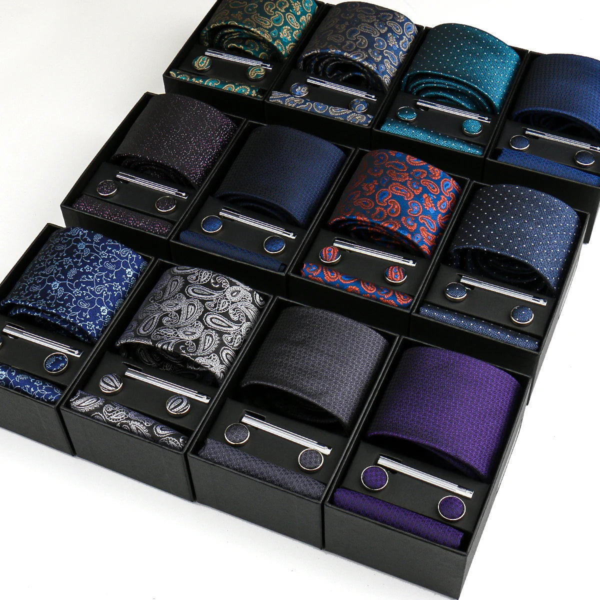 Luxury Tie Set for Men Wedding Gift Box Business Party Fashion Men Tie Set Paisley Handchief Cufflink Tie-Clip Suit Gift for Man