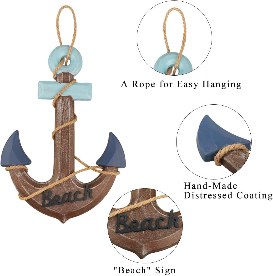 2 Pack 13" Nautical Beach Wooden Ship Wheel and 13" Wooden Anchor with Rope Nautical Boat Steering Wheel Rudder Anchor Wall Art Decor Door Hanging Ornament Beach Theme Home Decoration(Retro Brown)