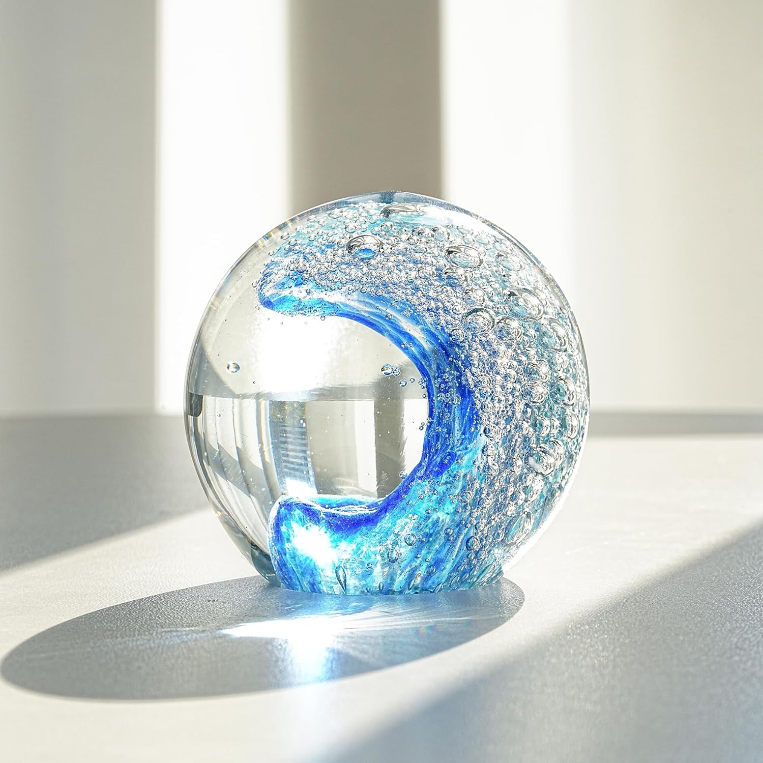 ZEERSHEE 60Mm Hand Blown Ocean Waves Crystal Ball Blue Wave Sea Glass Figurines