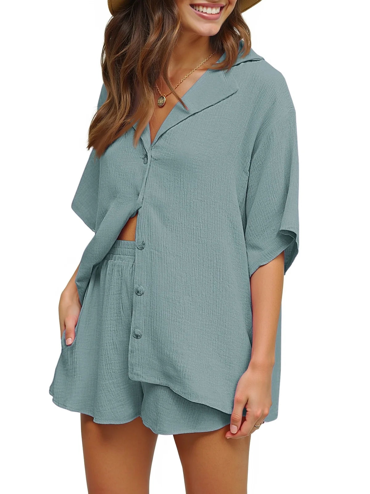 2 Piece Womens Outfit Sets Button down Shirts and Shorts Casual Lounge Sets Short Sleeve Pajamas Sets Summer Loungewear