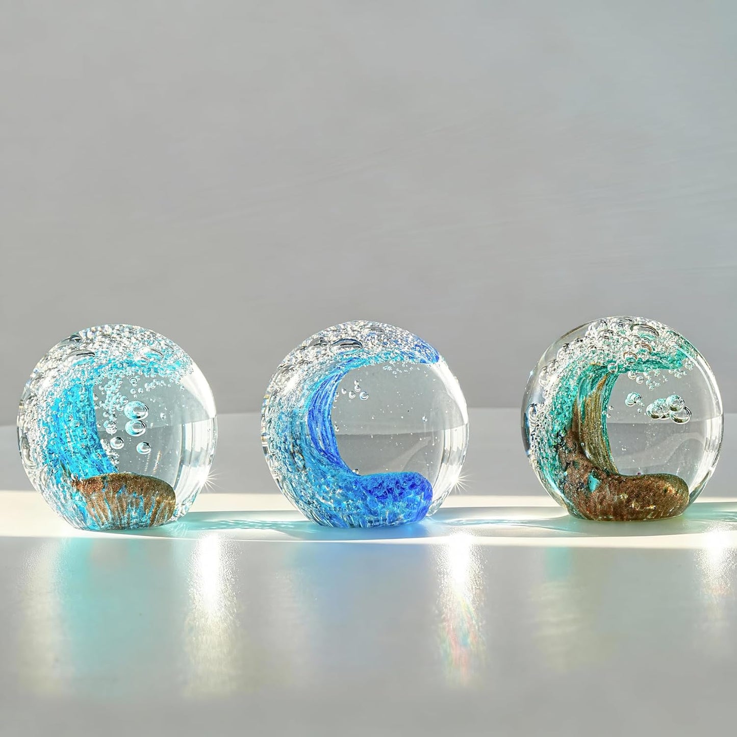 ZEERSHEE 60Mm Hand Blown Ocean Waves Crystal Ball Blue Wave Sea Glass Figurines