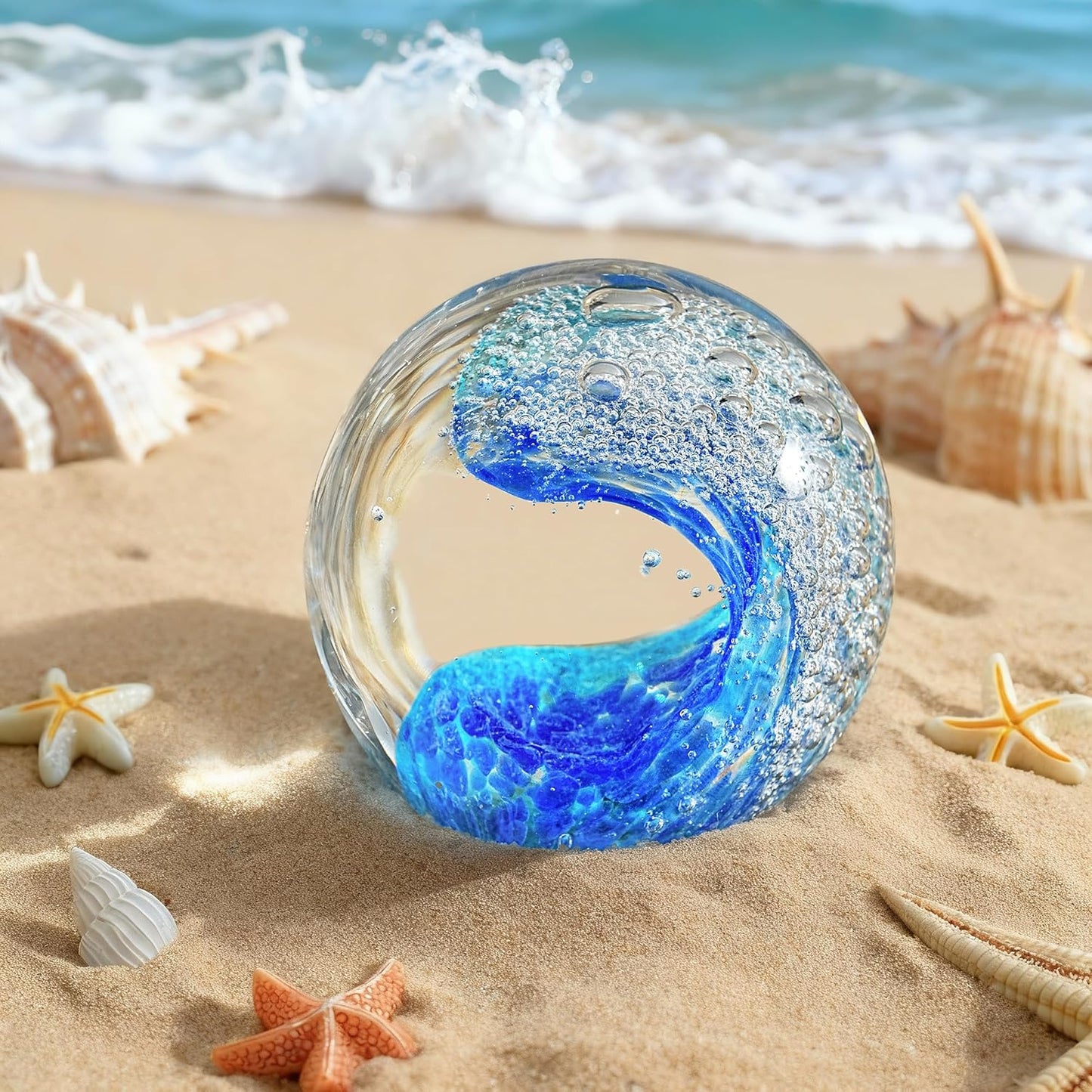 ZEERSHEE 60Mm Hand Blown Ocean Waves Crystal Ball Blue Wave Sea Glass Figurines