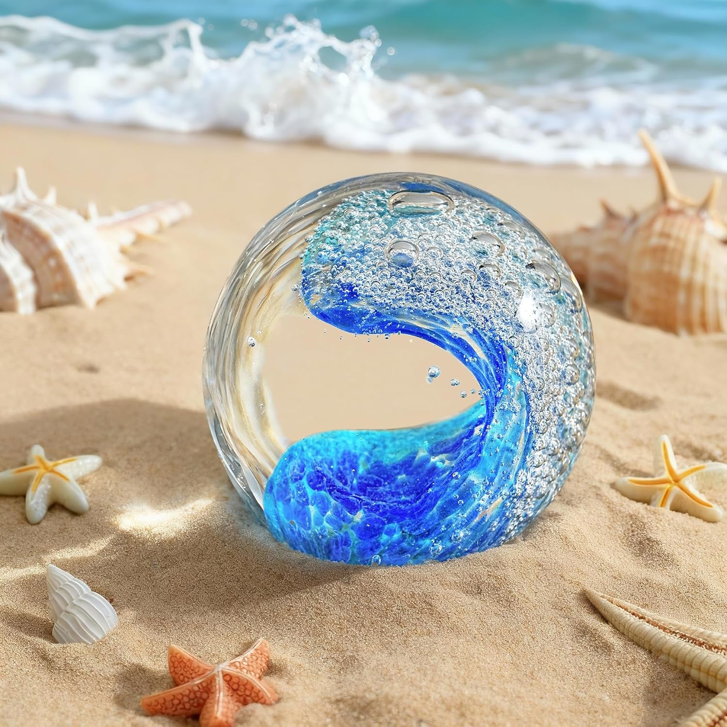 ZEERSHEE 60Mm Hand Blown Ocean Waves Crystal Ball Blue Wave Sea Glass Figurines