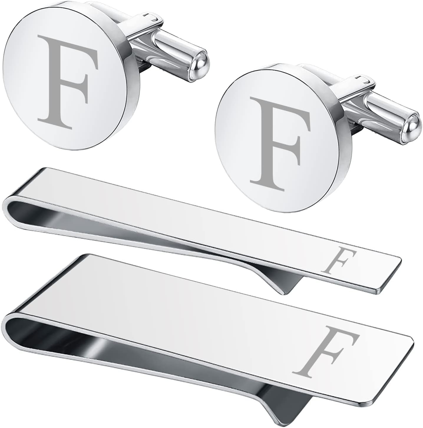 4PC Cufflinks, Tie Bar, Money Clip - Initial A-Z Engraving Alphabet Letter - Mirror Polished Steel Jewelry Set - Men'S Cuff Links Shirt Suit - Fathers Day Wedding Groom Gift Box