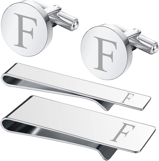 4PC Cufflinks, Tie Bar, Money Clip - Initial A-Z Engraving Alphabet Letter - Mirror Polished Steel Jewelry Set - Men'S Cuff Links Shirt Suit - Fathers Day Wedding Groom Gift Box