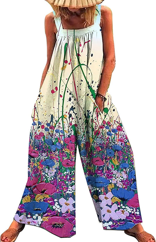 Womens Ethnic Style Suspender Jumpsuit Loose Baggy Cotton Wide Leg Drop Crotch Printed Bib Overalls Rompers Purple Medium