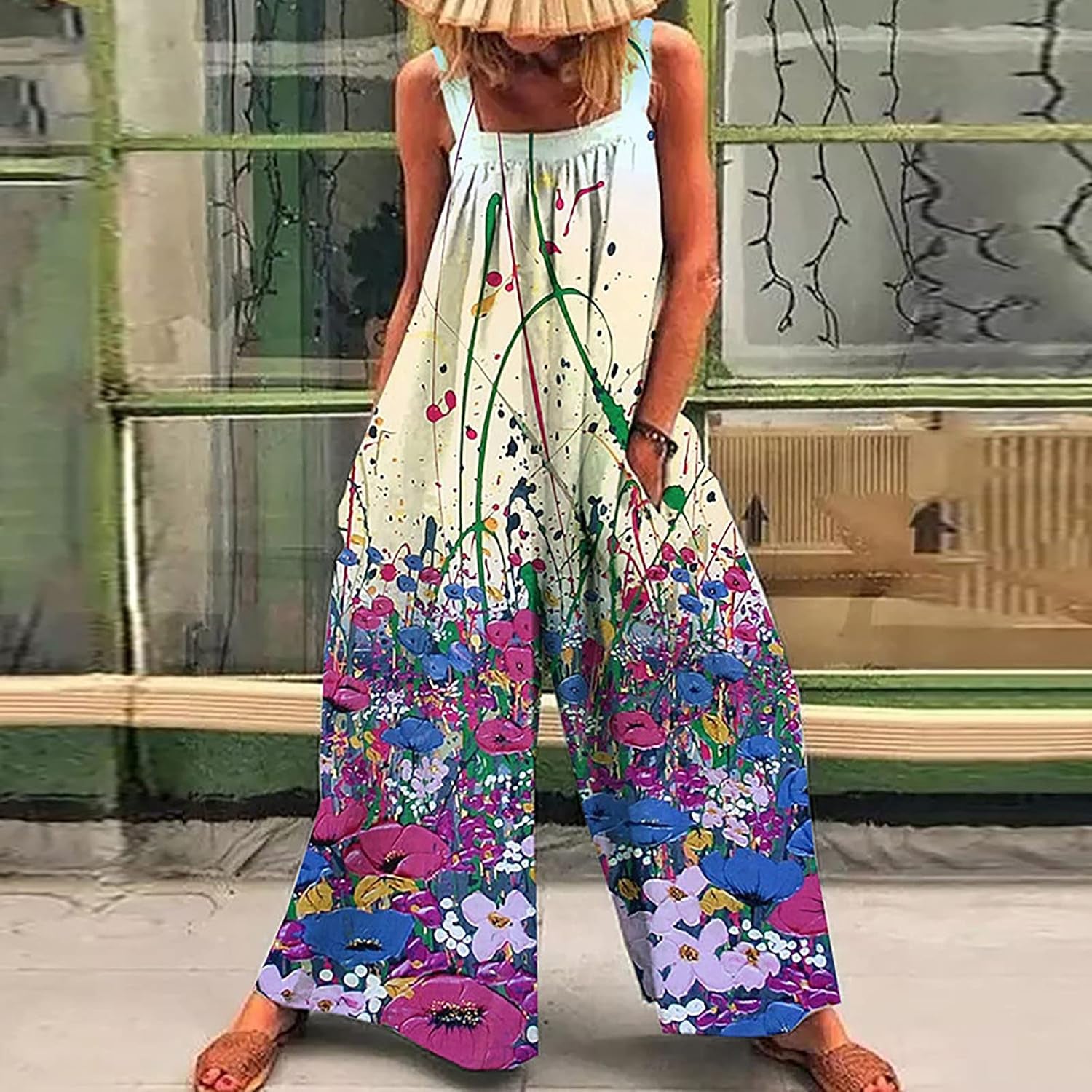 Womens Ethnic Style Suspender Jumpsuit Loose Baggy Cotton Wide Leg Drop Crotch Printed Bib Overalls Rompers Purple Medium
