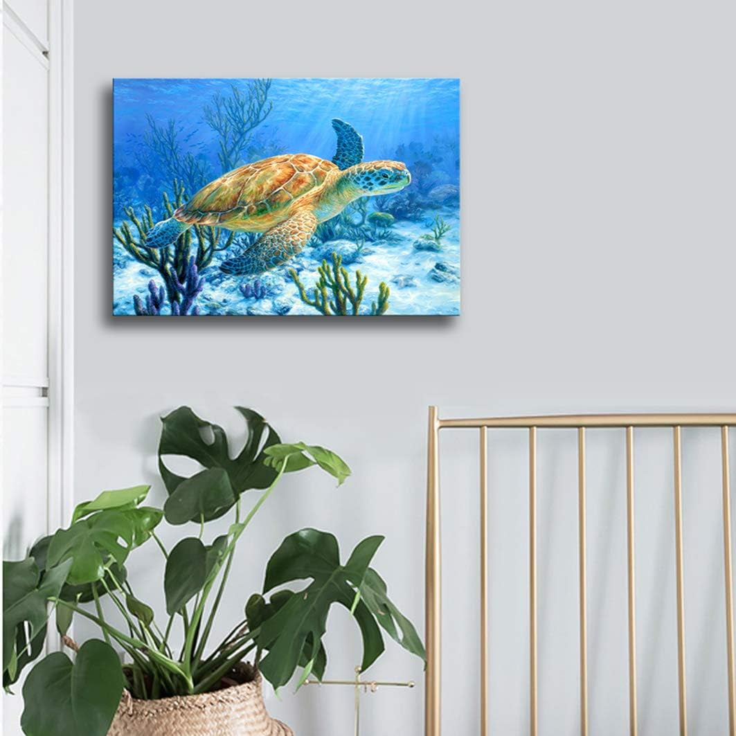 Sea Turtle Canvas Wall Art - Beach & Coastal Decor - Nautical Bathroom Wall Art - Child'S Room - Small Framed Artwork