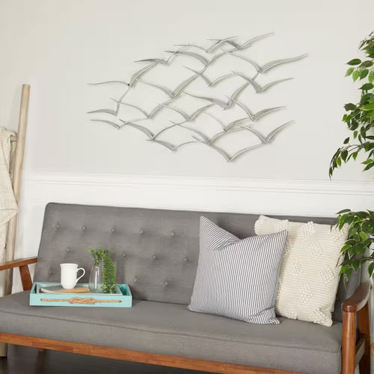48 In. X 25 In. Metal Silver Flying Flock of Bird Wall Decor