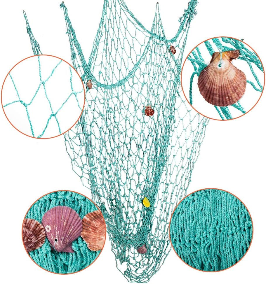 Nature Fish Net Wall Decoration with Shells, Ocean Themed Wall Hangings Fishing Net Party Decor for Pirate Party,Wedding,Photographing Decoration (Aqua)