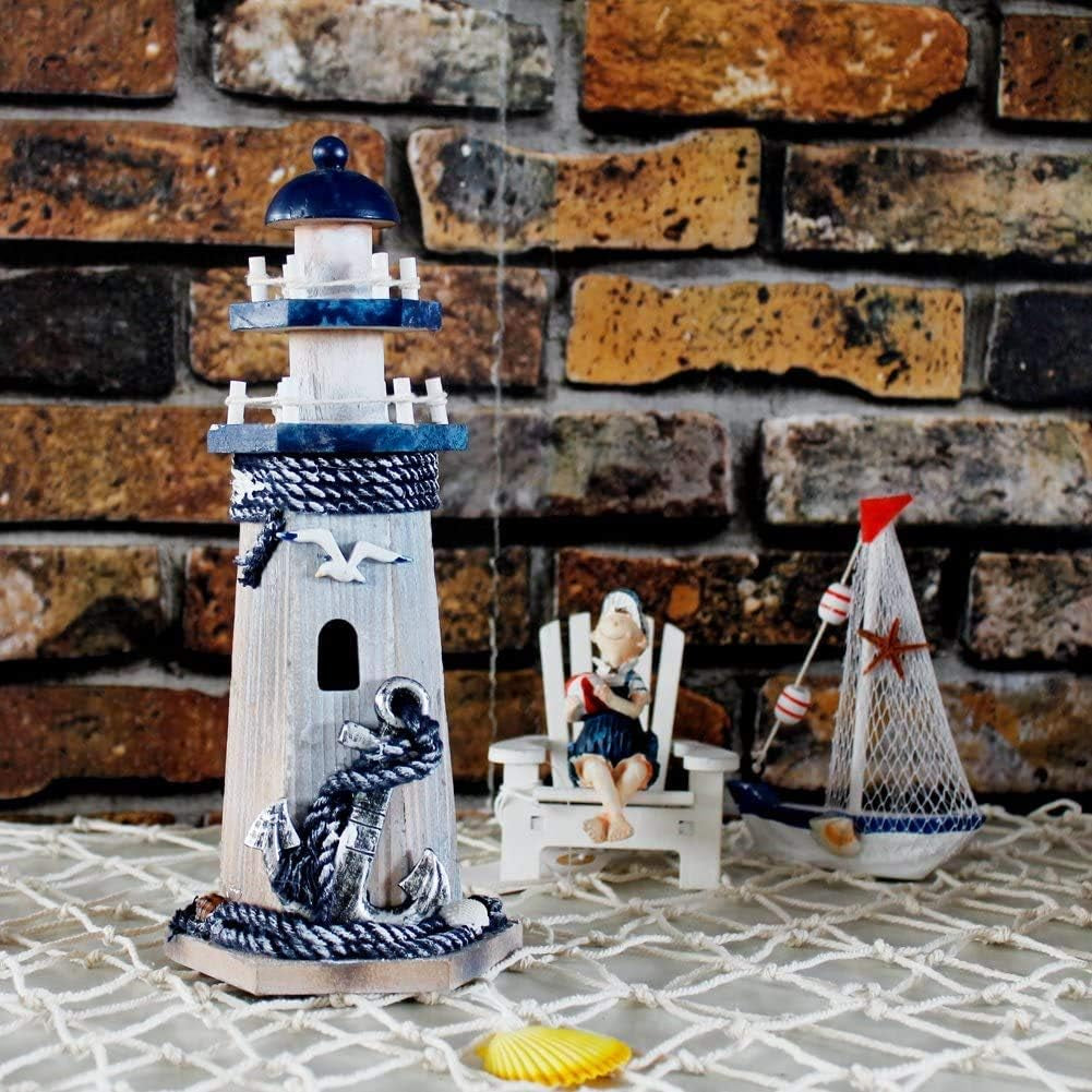 Lighthouse Decor Nautical Decoration Wood Light House Figurine Beach House Coastal Decor Table Ocean Seaside Theme Home Lake House Bathroom Shelf Centerpiece 10.25" Blue
