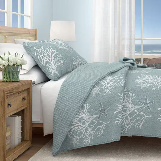 Blue Reversible Coastal Themed Twin Microfiber 2-Piece Quilt Set Bedspread