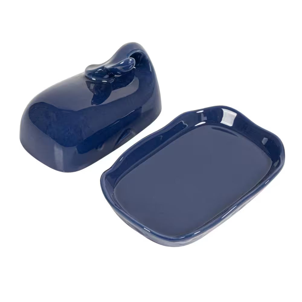 6 Oz. Coastal Stoneware Whale Shaped Butter Dish in Navy Blue