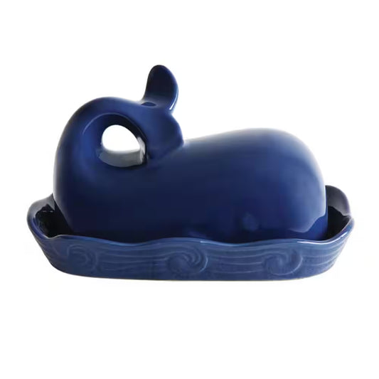 6 Oz. Coastal Stoneware Whale Shaped Butter Dish in Navy Blue
