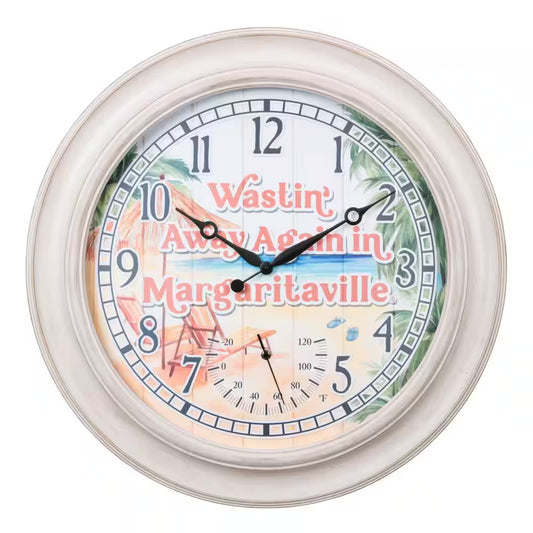 26.2 In. Indoor/Outdoor Whitewashed Margaritaville Analog Quartz Wall Clock with Temperature